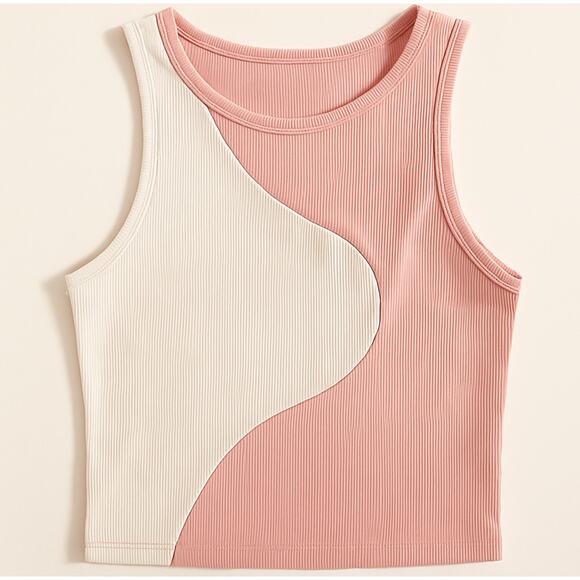 SHEIN Colorblock Ribbed Tank Top Size S Pink Cream Sleeveless Cropped Shirt - Picture 1 of 6